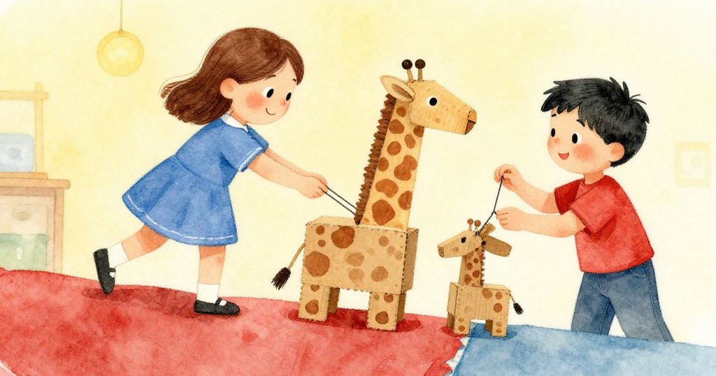 格莉爾與伊恩在室內巧妙應變，格莉爾引導紙板長頸獸登上新形成的褶痕，伊恩用備用小銷穩固布料，充滿協作精神。