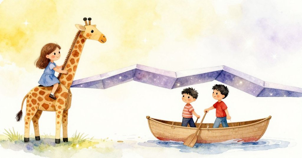 折痕變作地平線後，格莉爾引導紙板長頸獸遊走上方明亮光帶，伊恩駕舟於下方，展現創意與奇妙旅程。