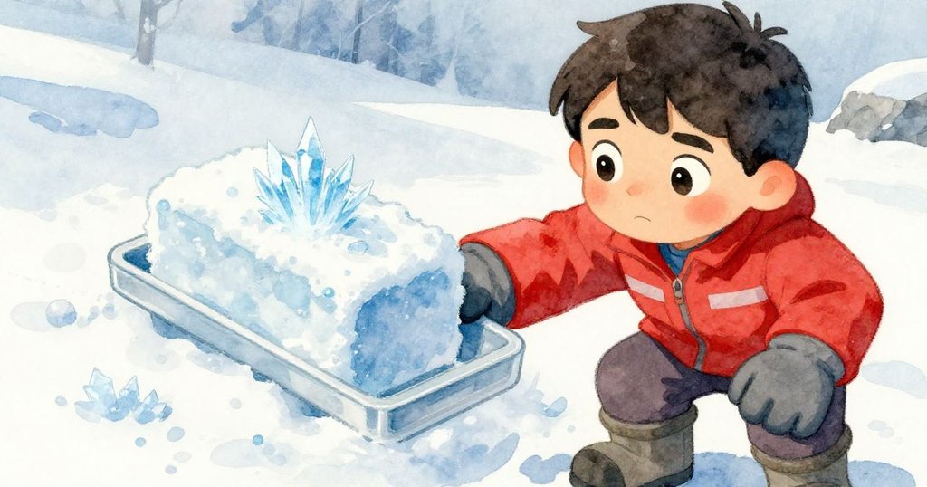 格里豐仔細端詳手中的塑膠模具和新製成的雪磚，冰晶閃爍，展現出堅韌與希望的象徵。