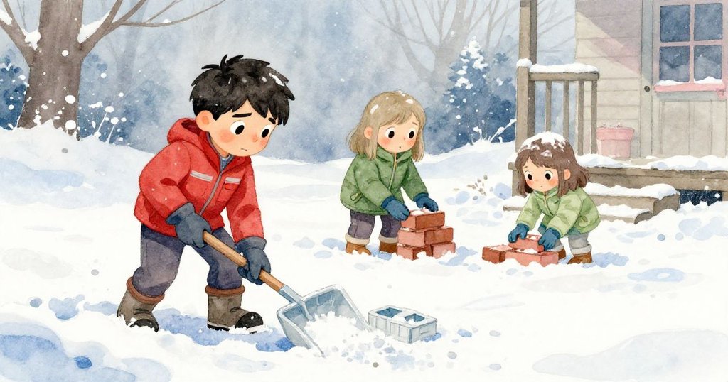 前景有散落的雪和模具，格里豐用鏟子鏟雪、維奧拉砌雪磚，中景與背景呈現雪舞風起，層次分明。