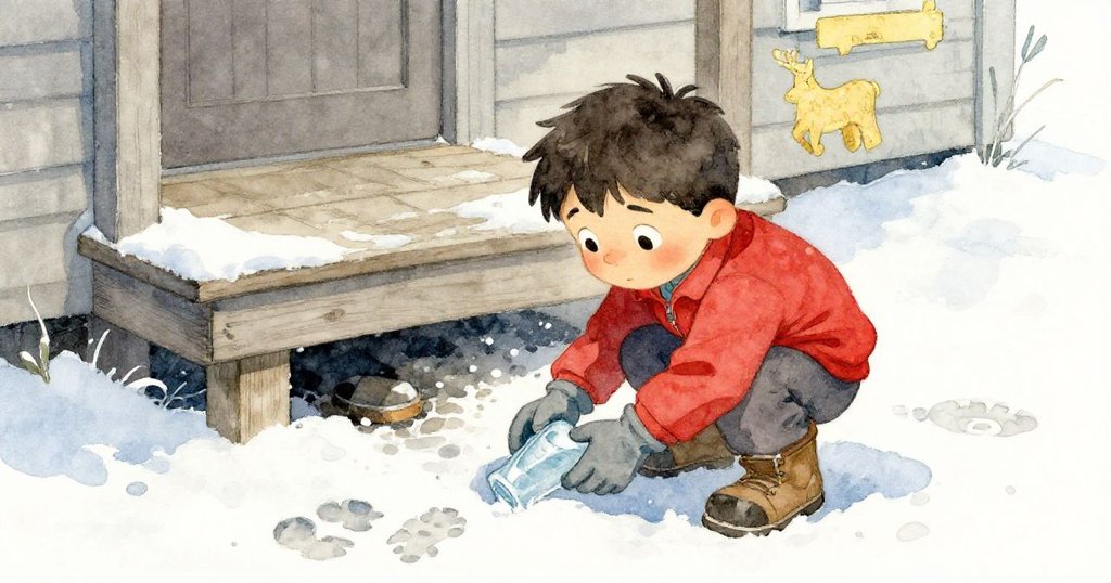 格里豐急速彎腰從門廊台階下拾取模具，雪上留有靴印，隱蔽空間中散發出神秘感。