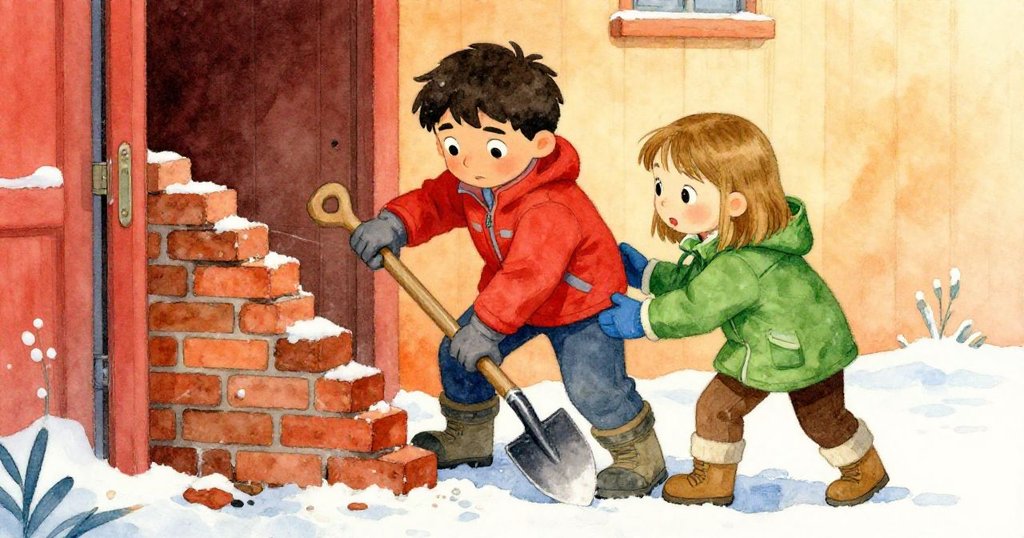 格里豐用鏟子撬動下垂的石塊，維奧拉穩住結構，兩人協力同心，臉上滿是堅定與溫暖的表情。