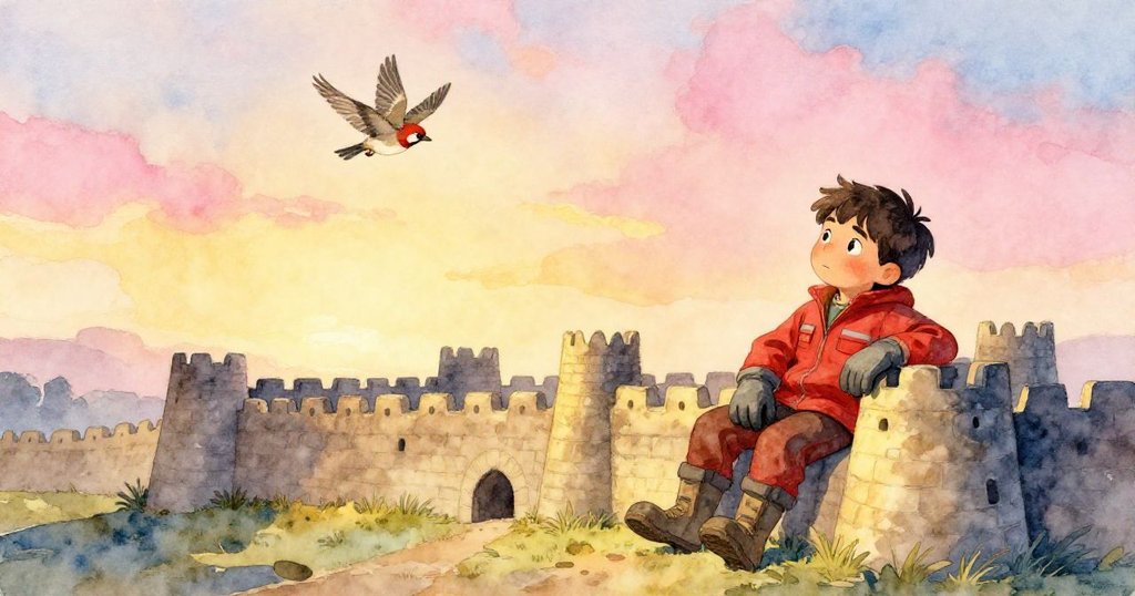 黃昏時分，格里豐坐在堅固的堡壘旁休息，臉上露出滿足的微笑，一隻麻雀在空中滑翔，呈現溫馨平靜的結局。