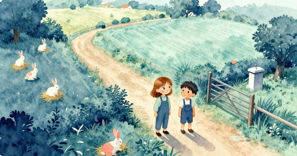 農場全景中,Fern和Lyle在晨光中走動,兔子散落稻草上,遠處有斜靠的大門和水泵,充滿希望與生機。