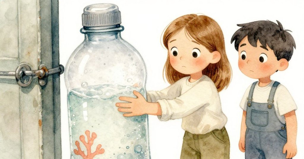 Fern在近距離檢查半滿水瓶,指尖觸碰粗糙塑料表面,Lyle在旁好奇觀看,場景充滿細膩質感與溫暖光影。