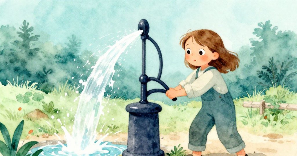 Fern在水泵站操作啞鈴般的手柄,水流激起閃亮帶狀光芒向下奔流,她面露堅定神情,展現農村活力。