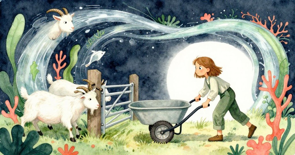 Fern用平輪車支撐破舊木門,水流曲折穿行,山羊努力推擠,場面充滿動感與奇妙透視。