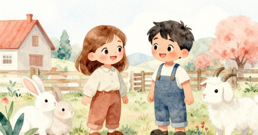 Fern與Lyle面帶微笑,與兔子和山羊共享農場慶祝時刻,表情溫馨充滿團隊合作精神。