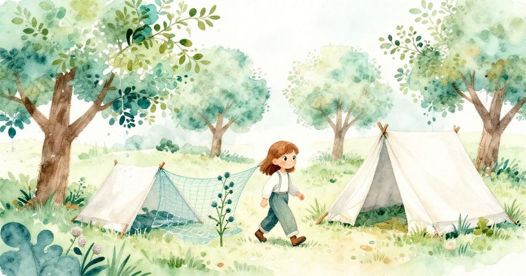 Fern走在果園邊,低矮帆布帳篷旁有人修補捕網,細水流過碎茵,不僅延續開始的氛圍,更展現安詳落幕。