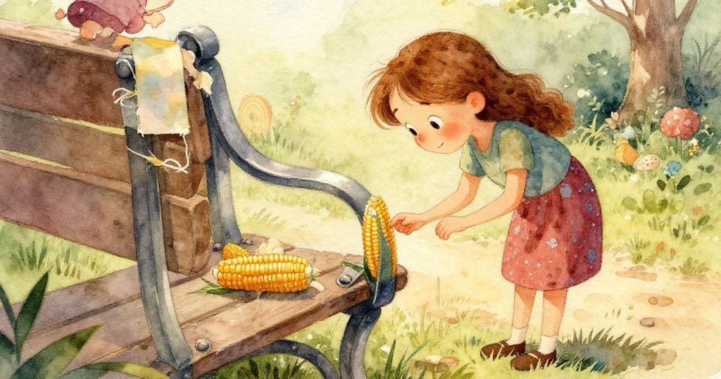 Opal專注凝視著長椅上溫暖油漆的質感，輕輕觸碰展現她內心堅定與柔和好奇，細節豐富。