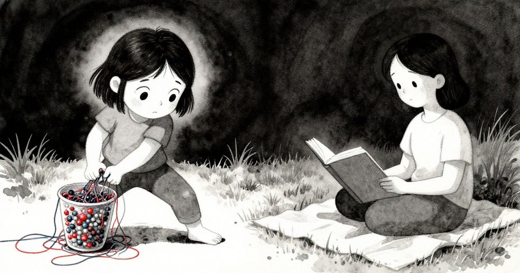 Opal一邊努力操控壓著彩線的瓷杯，一邊鏡頭另一側溫柔呈現坐在草地上閱讀的家長，故事情節交織。