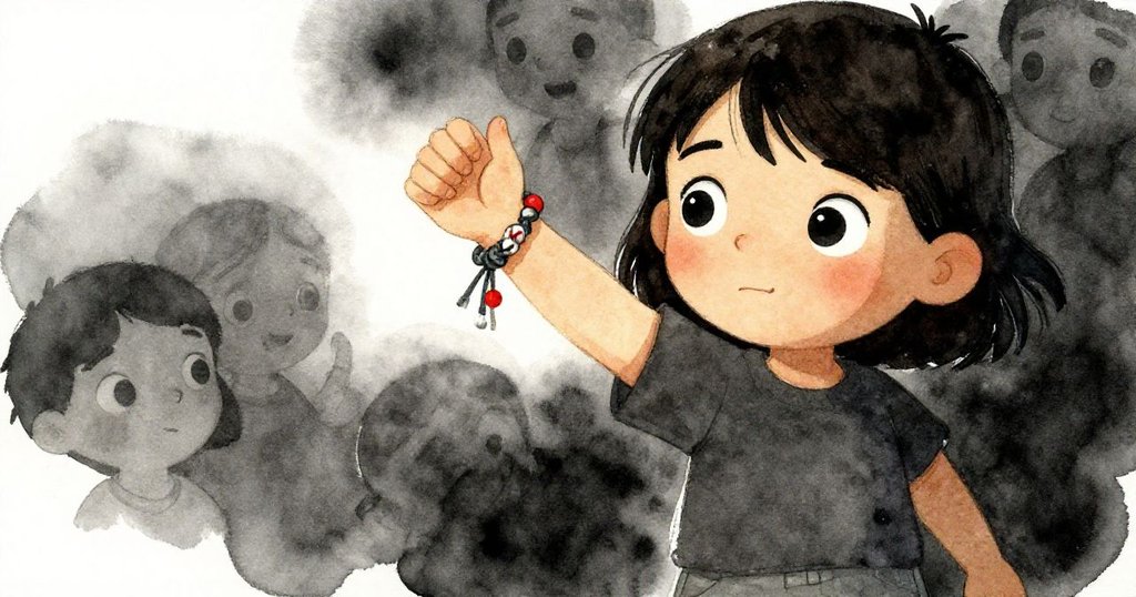 Opal滿足地展示自己親手製作的手鐲，手鐲上細節如箭紋象徵勝利，她臉上洋溢著解決難題後的自豪與輕鬆。