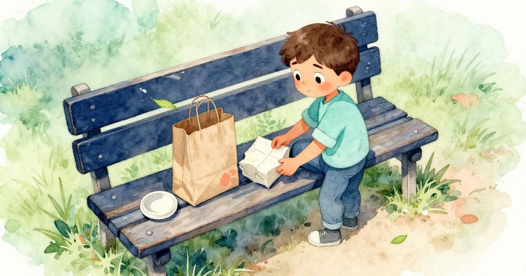 瑞斯在溫暖長椅上調整紙袋、陶盤與綠葉，陽光柔和，環境舒適和諧，充滿自然韻味。