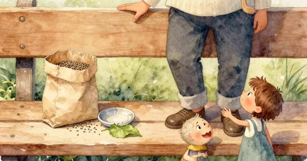 瑞斯以第一人稱視角看見紙袋撒出絲帶狀種子，種子沿木盤滑落動感十足。