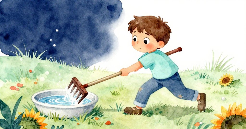 瑞斯在風中躍起抓取滑動銹耙，四周割草與向日葵殼點綴，氛圍緊張生動。