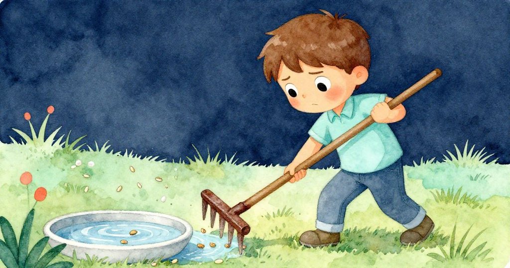 瑞斯緊握著耙子，臉上流露矛盾與堅定，種子不斷滑落在濕潤草地上。