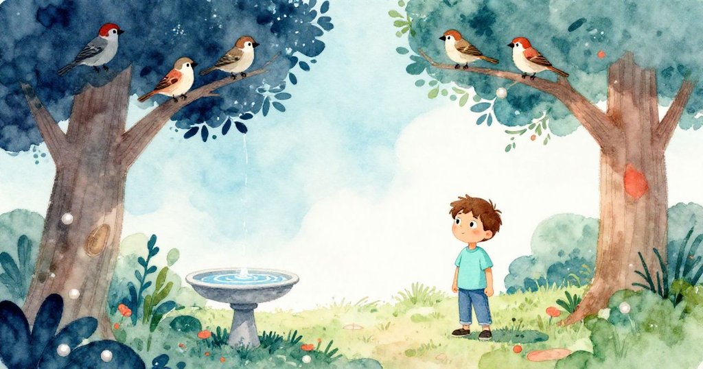 瑞斯站在大自然中顯得渺小，水盤泛起細浪，樹上小麻雀歸隊，情景滿溢希望。