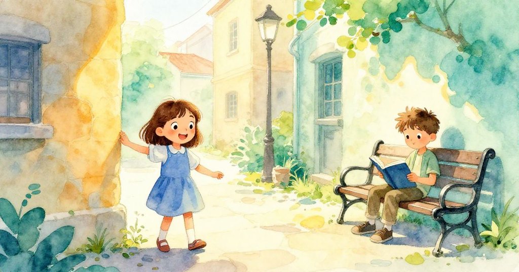 嘉瑪蹲在陽光爛漫的院子裡，輕觸石面印記，索倫坐在背景中閱讀，充滿好奇與寧靜感。