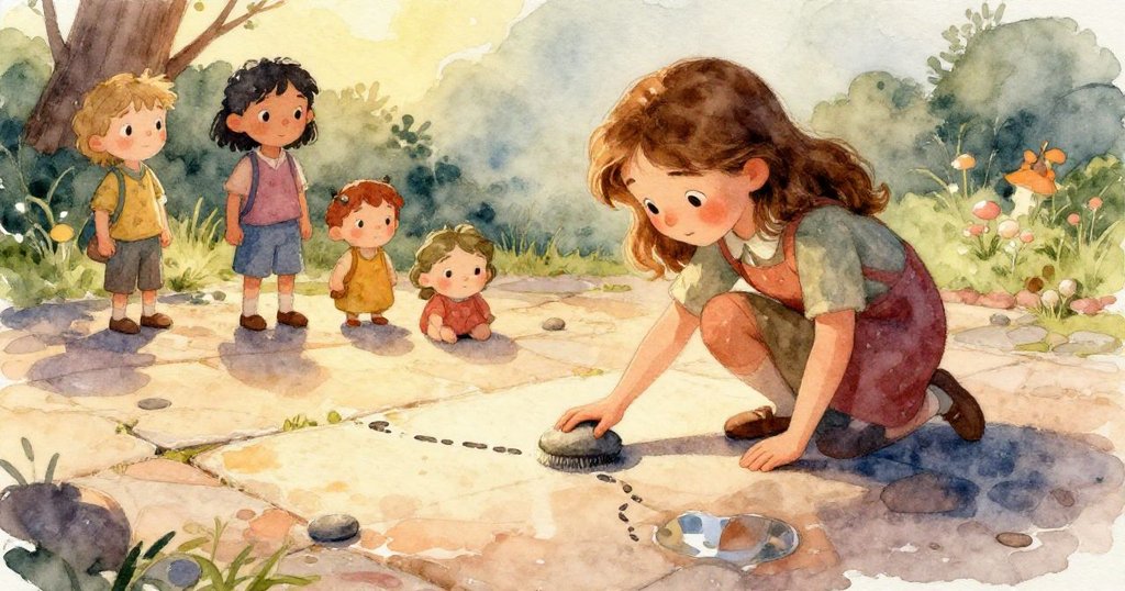 嘉瑪專注用手指輕觸潮濕石面細節，小石子與水滴紋理明顯，呈現溫暖與精緻感。