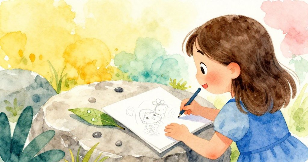 從嘉瑪肩後視角看見她觀察裝飾石上的小石子與露珠葉，眼中充滿驚奇與認真繪畫的情緒。