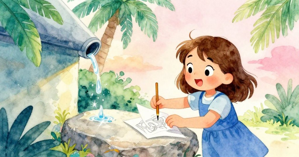 嘉瑪俯身調整畫冊當作遮棚，引導水滴流向乾燥區，動作充滿創意與靈活，陽光灑落石面。