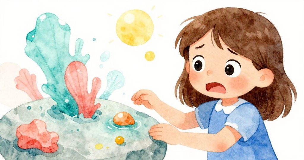 嘉瑪面露焦慮與困惑，凝視手中畫冊與乾裂礦物，內心糾結在藝術與自然之間。