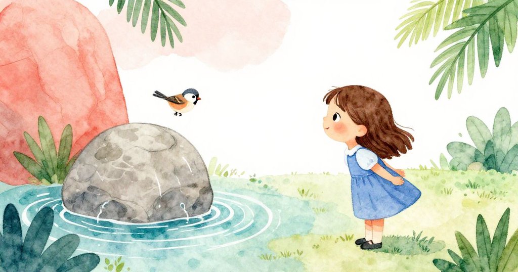 嘉瑪靜靜觀望石面上變幻的水跡與小麻雀飛舞，結尾留白，展現自然與藝術互動的永續詩意。