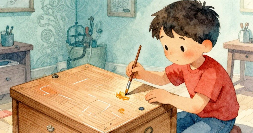 哈里斯專注地用畫筆輕刷木盒蓋,露出粉筆痕跡與暖膠紋理,呈現工坊內精心製作的細節與溫馨氣氛