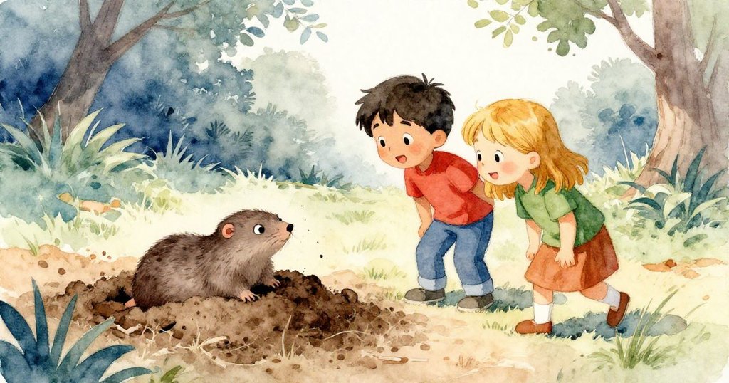 露娜與哈里斯在庭院中好奇觀察鼴鼠攪動土堆,柔和日光照映下展現自然探索與驚喜的情感瞬間