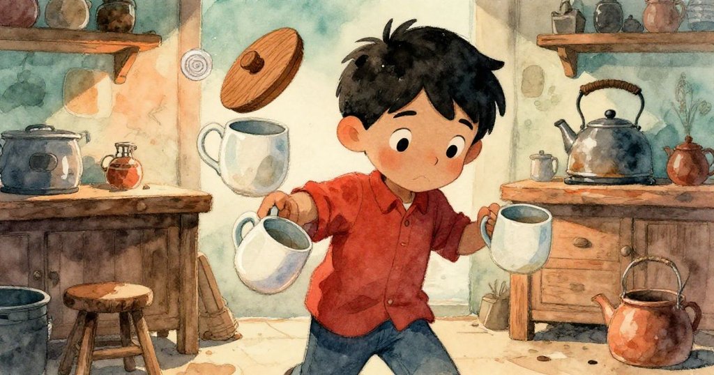 哈里斯端著茶杯,注視著偏移的盒蓋與閃著光的螺旋膠片,水壺發出擾動聲,瞬間緊張中充滿奇妙魔法感