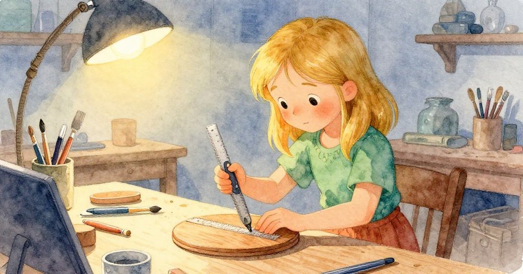 露娜專注地運用鋼尺與雕刻刀修整盒蓋邊緣,背景工作室溫暖光線襯托出持續修補與堅定決心的情境