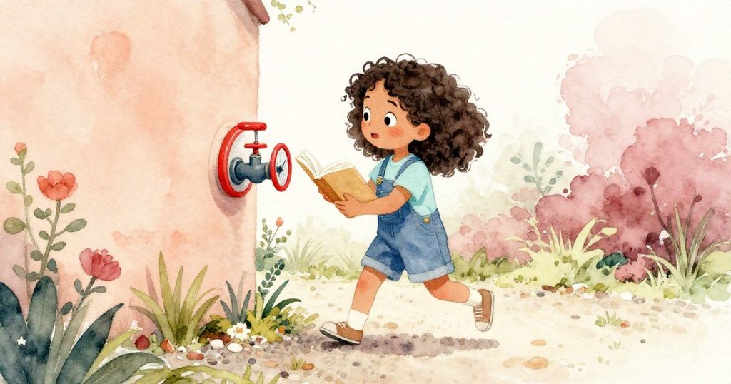 雅拉在花園的碎石上彎身看著提前轉動的噴水口刻有紅帶，臉上流露出好奇與緊張。