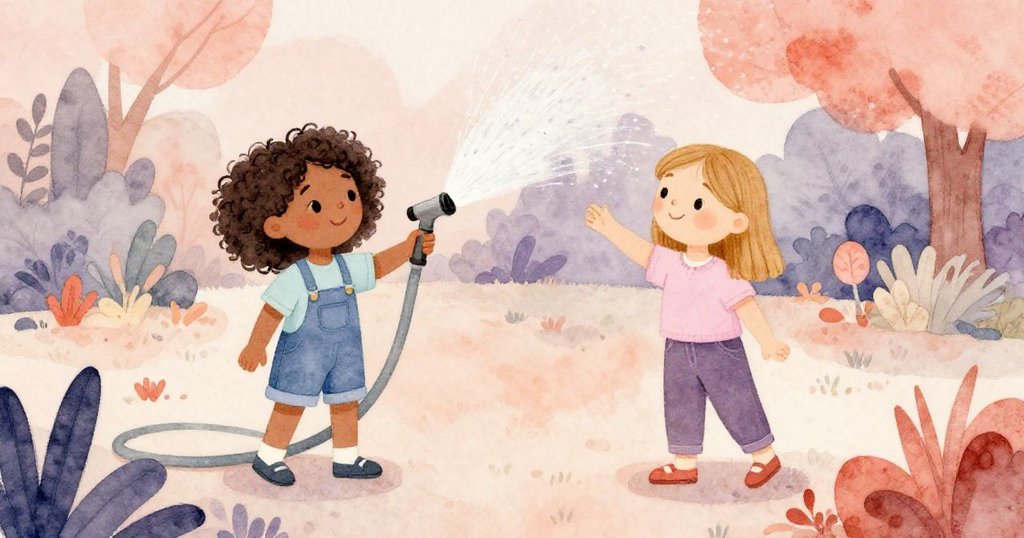 從上方俯視，雅拉與格溫在花園中交換噴水頭，合作澆灌各個花圃，動作默契充滿活力。