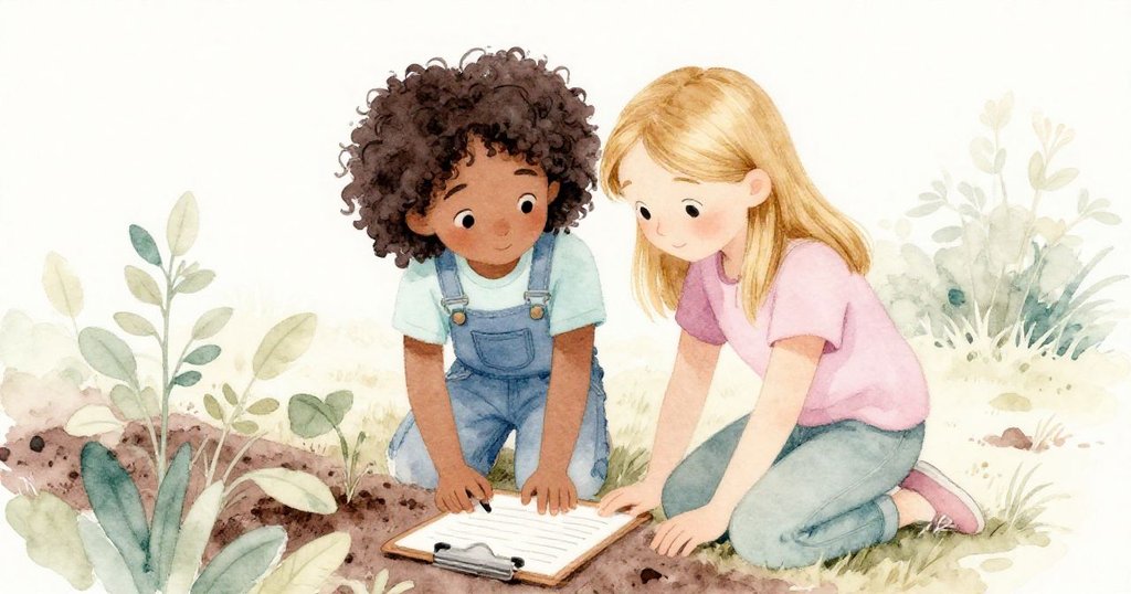 雅拉和格溫肩並肩在淡葉花圃旁檢視預留記錄，神情充滿探索與專注的光芒。