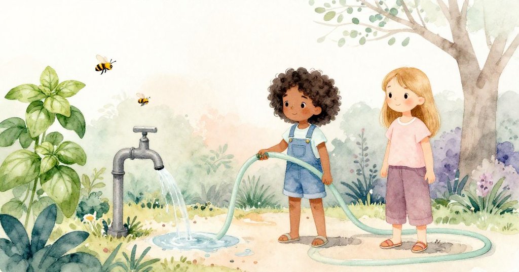 任務結束後，雅拉和格溫在花園中平和地整理噴水管，蜜蜂悠然飛舞於羅勒間，氛圍滿懷成就與寧靜。