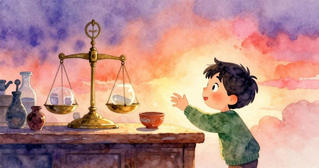 索倫好奇伸手觸碰櫃檯上黃銅秤與陶瓷盤，柔和燈光和夕陽橙色渲染出神秘魔法故事開端。