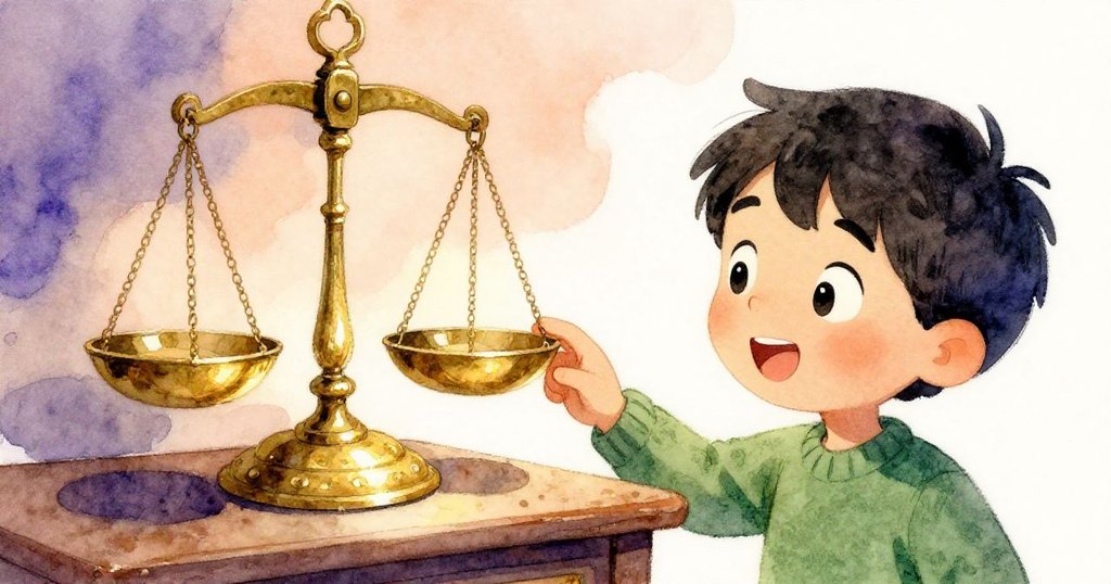 索倫專注調整黃銅秤，指尖輕觸指針展現神秘力量，金色光影映照出精緻細節。