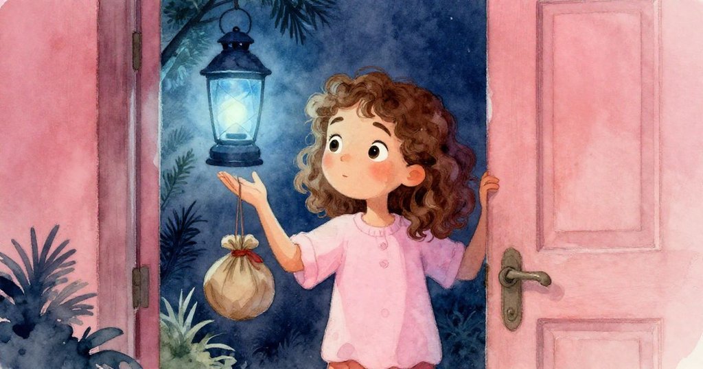 哈澤爾從微開門縫中露出好奇表情，輕提神秘包裹迎著帶有松香和雪松涼風的光影。