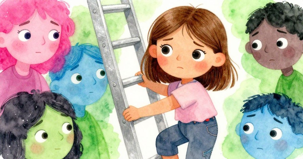 Tara攀爬梯子時臉上展現專注與微微擔憂，近距離捕捉她努力向上攀登，背景隱約見到搖曳梨樹。