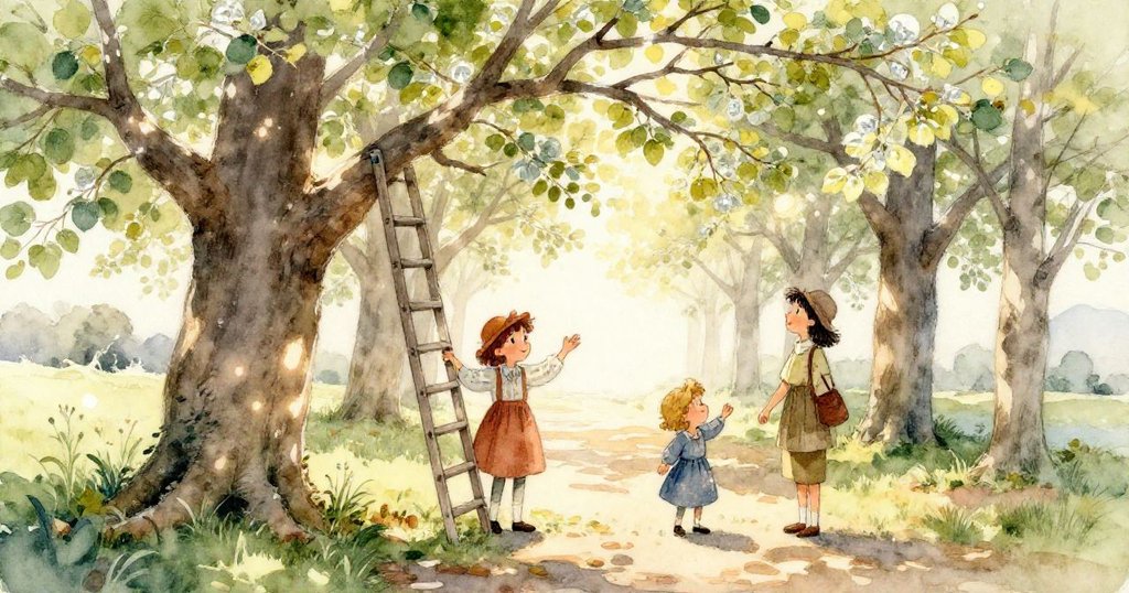 從Tara背後看向搖曳的樹枝，上面掛滿涼爽堅實的梨果，展現她目標明確追求完美收穫的瞬間。