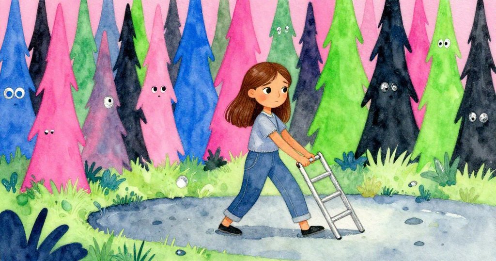 Tara將梯子拖向堅固地面，細心觀察因地形留下的凹陷痕跡，背景中銀光與藍灰色調營造出實際與冒險並存的情景。