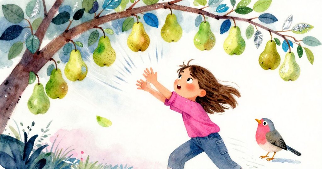 風起時，樹枝劇烈搖擺，Tara迅速伸手接取落下梨果，臉上露出堅決與專注，旁邊一隻知覺敏銳的知更鳥飛掠而過。