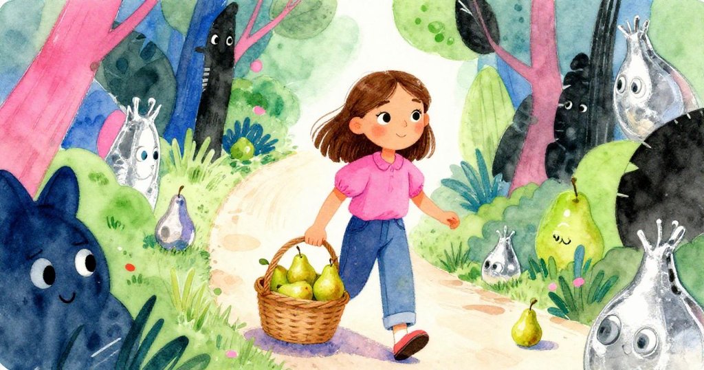 Tara滿載十二顆無瑕梨果，滿意微笑著走向開闊遠方，場景中透出銀光與霓虹色調，描繪冒險結局與全新希望。