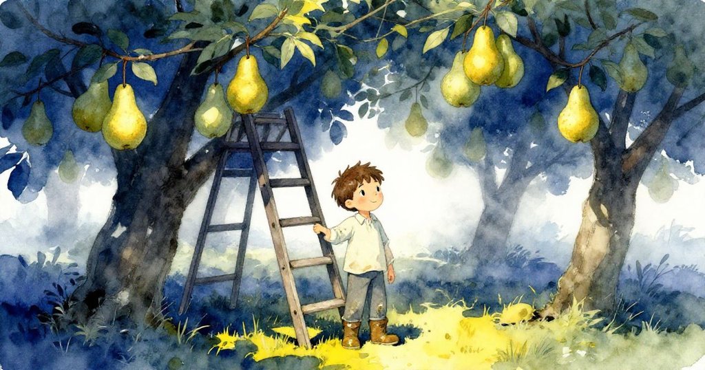 Theo 手提木籃走進果園，濕潤草地上留有梨汁痕跡，藍灰樹葉間透出微光，充滿好奇與期待