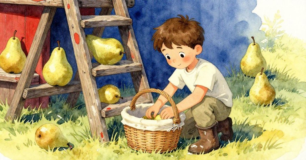 Theo 小心鋪設畫布襯籃，老舊梯子與壓平的草地彰顯時間印記，背景中金綠梨輕輕搖曳，神情專注