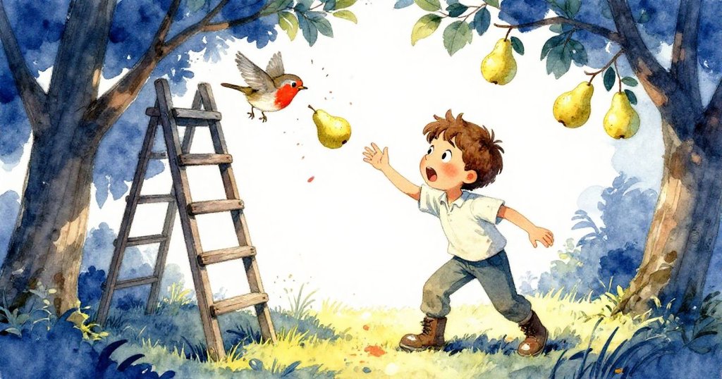 驚訝的 Theo 因一只知更鳥從樹籬猛衝出現，梨子亂飛，畫面扭曲呈現急促動感，情緒強烈