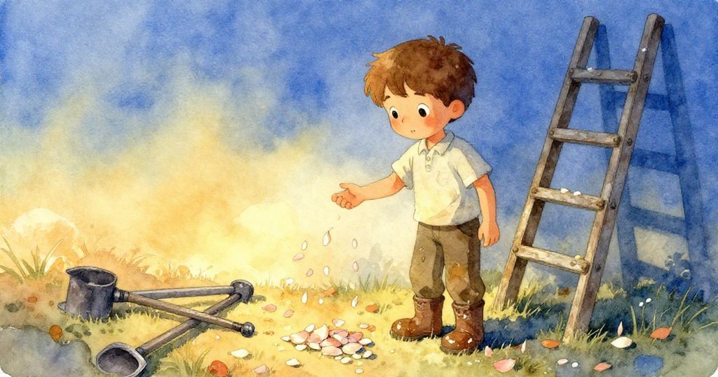 Theo 膝蓋彎曲拾取散落在梯子旁的淺色花瓣，暖金與深藍光影交錯，流露出平靜與回憶