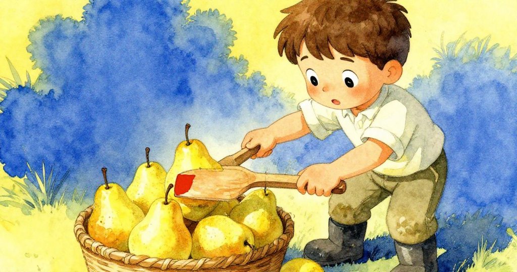 Theo 小心使用木製分選板剝離擁擠的梨層，果子重新排列，他專注而堅定，動作精細且果斷