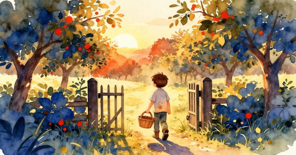 夕陽下的果園中，Theo 提著平衡的木籃走向大門，停下仔細拾起散落花瓣，神情平靜而滿足