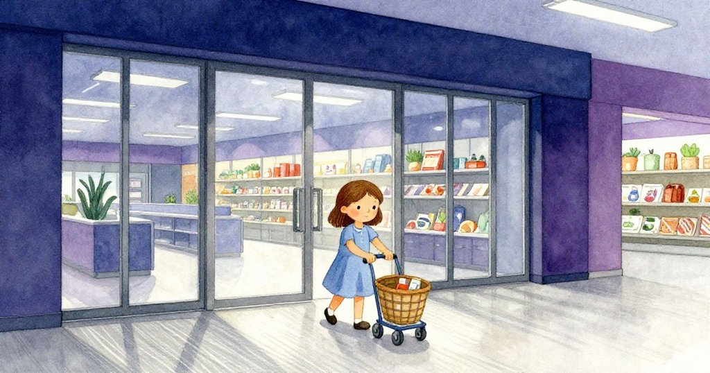 克拉拉推著購物車進入現代商店，門口映出銀色痕跡，她神情專注且好奇，背景金屬架與柔光交織。